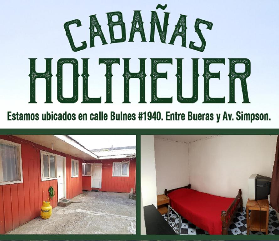 een poster voor een hotel met een kamer met een bed bij Cabañas Holtheuer in Valdivia