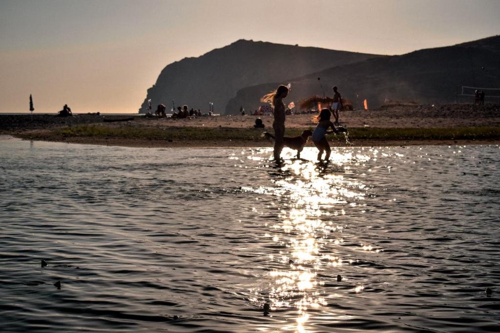 dos personas y un perro caminando en el agua en Villa Poseidon, en Skala Eresou