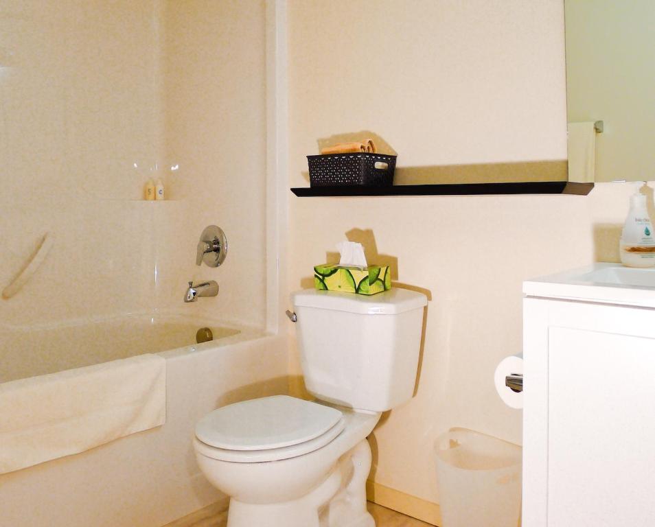 a bathroom with a toilet and a tub and a sink at AnnArthur Guest House in Nanaimo
