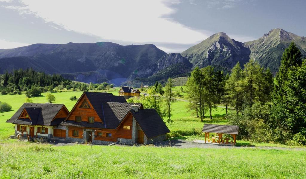 une maison dans un champ avec des montagnes en arrière-plan dans l'établissement Pension Vasko, à Ždiar