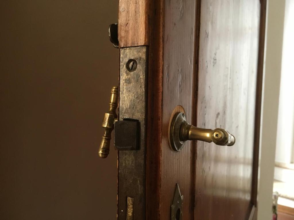 ラポラーノ・テルメにあるDormire tra i libri - Bed & Booksの真鍮のドアノブ付きの木製の開きドア