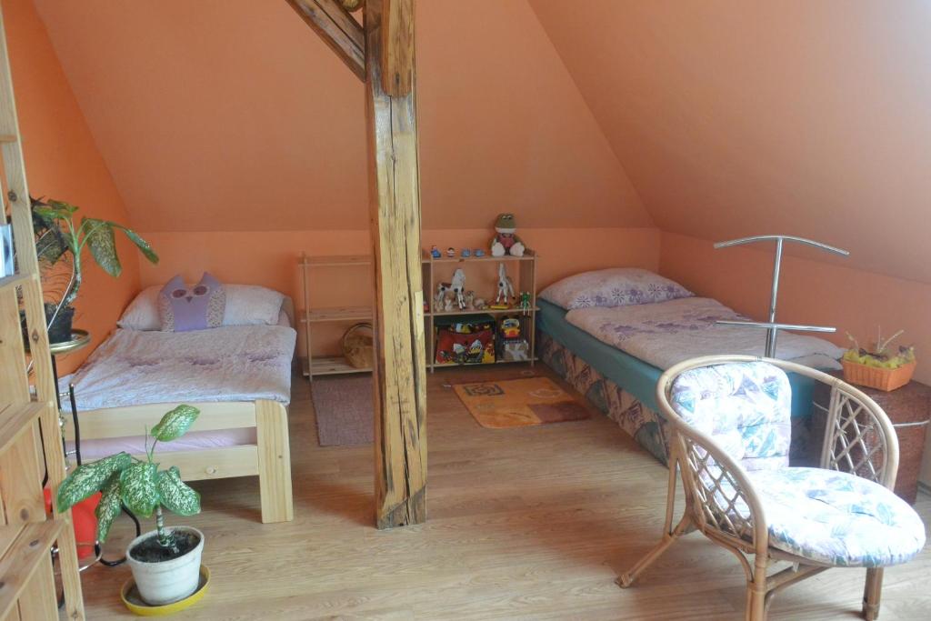 sypialnia z dwoma łóżkami i lustrem w obiekcie Rodinné ubytování - Family accommodation w mieście Kobylice