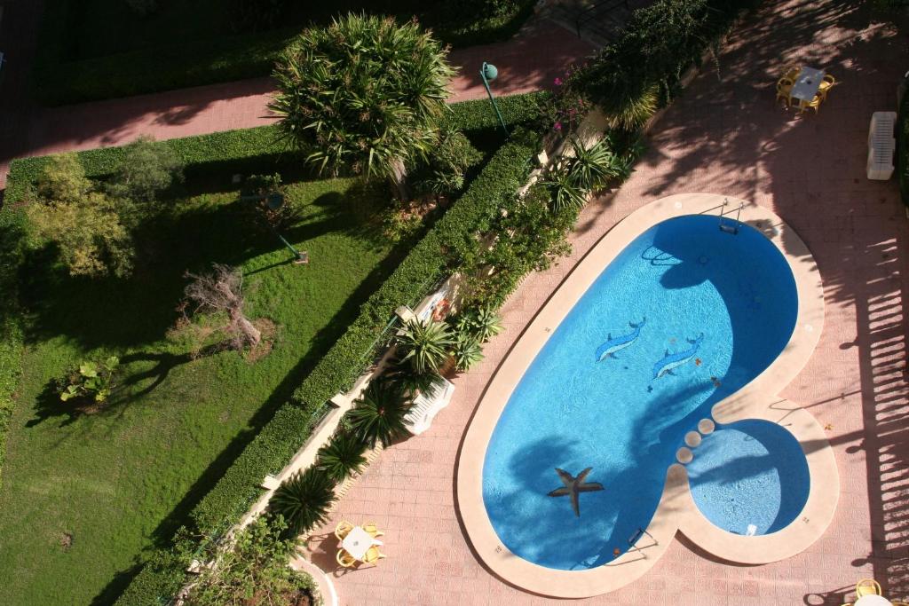 a pool with a pool table and lawn chairs at Apartamentos Maria Victoria in Benidorm