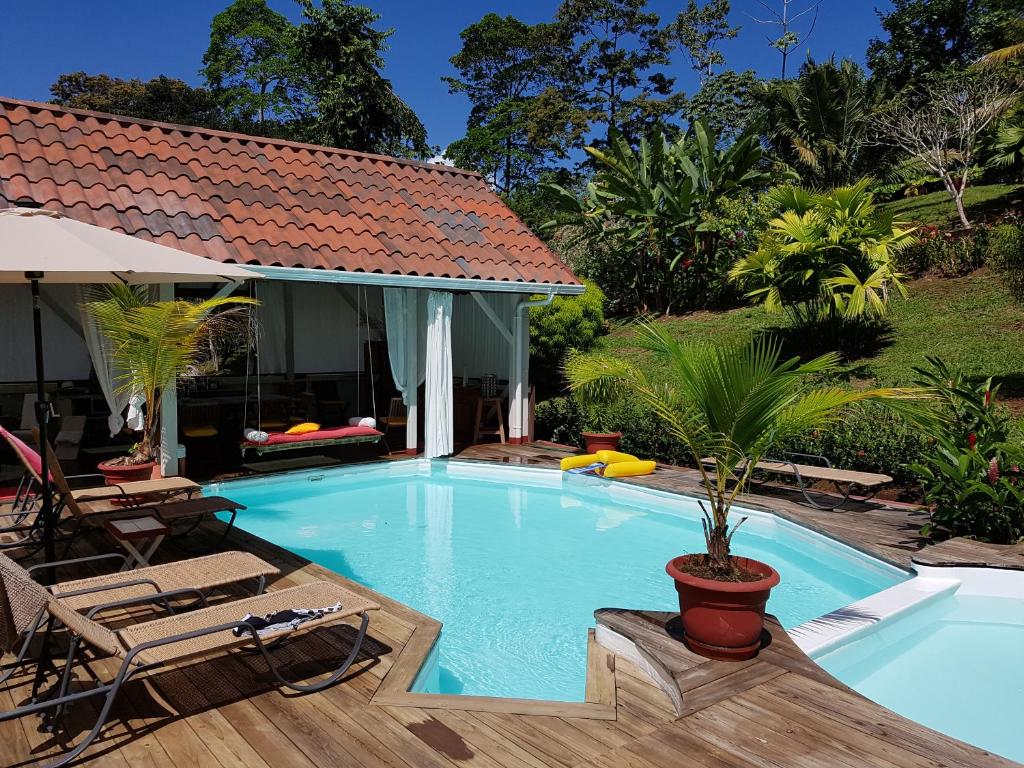a swimming pool with a patio and a house at Nathylodge in Bocas del Toro