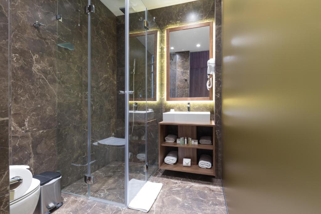 a bathroom with a shower and a sink and a toilet at Five Points Square - City Center in Belgrade
