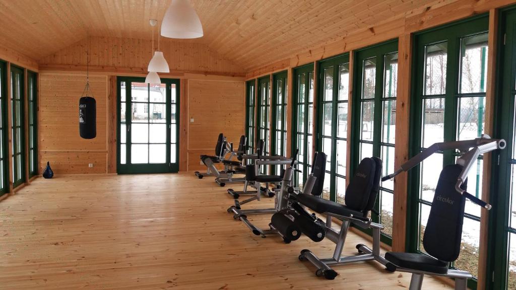 Wood-paneled fitness room with multiple exercise machines, large windows, and a hanging punching bag.