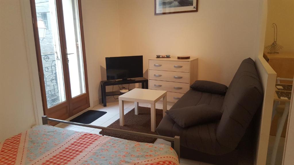 a small living room with a couch and a tv at Les Lauriers in Agde
