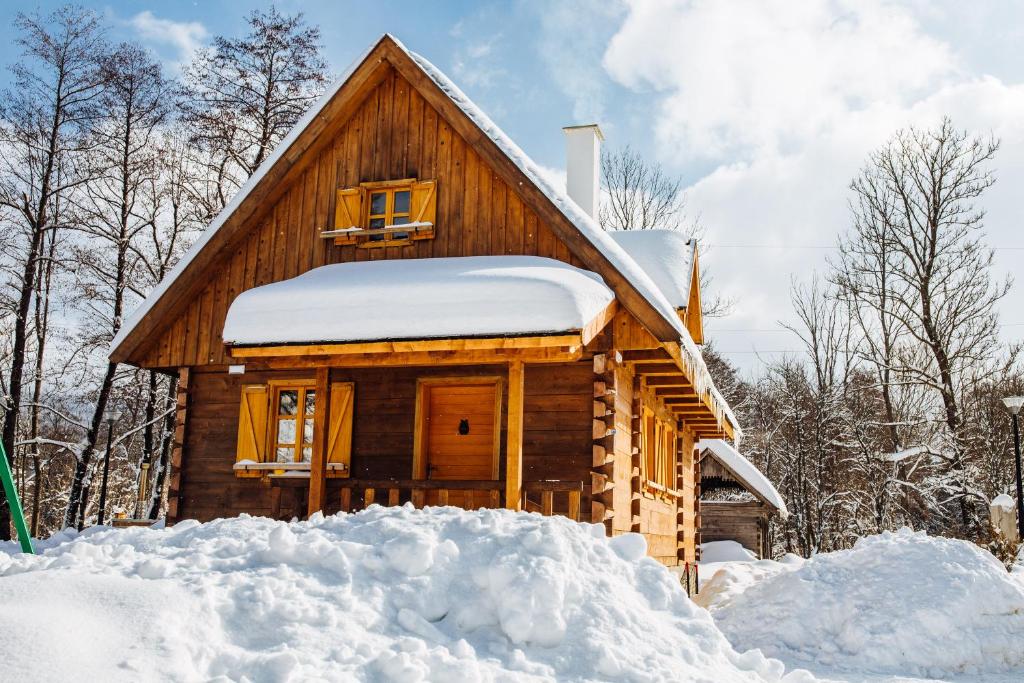 a log cabin in the snow with snow around it at Vodenica Vrelo Chalets in Vrelo Koreničko