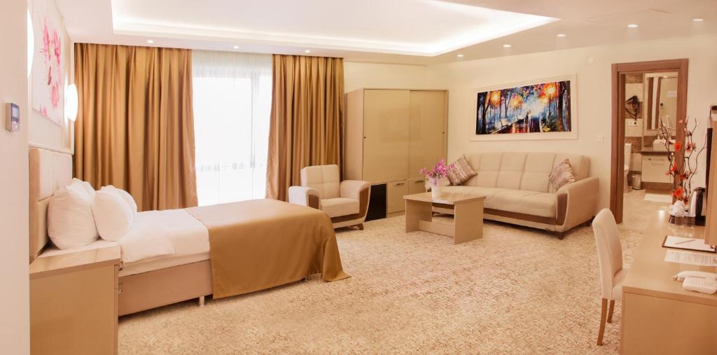 una camera d'albergo con letto e soggiorno di Goldhan Hotel a Tekirdağ