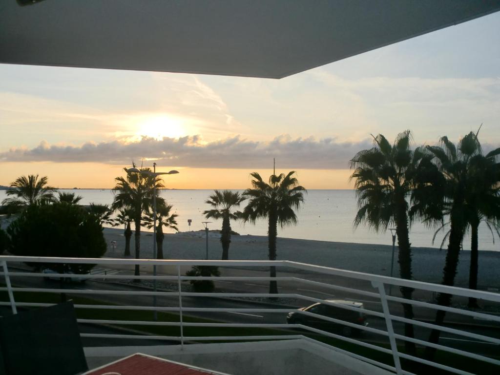 a view of the ocean and palm trees from a balcony at le chantilly in Cagnes-sur-Mer