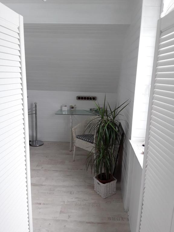 a hallway with a table and a potted plant at Villa Jani b&amp;b in Breitscheid