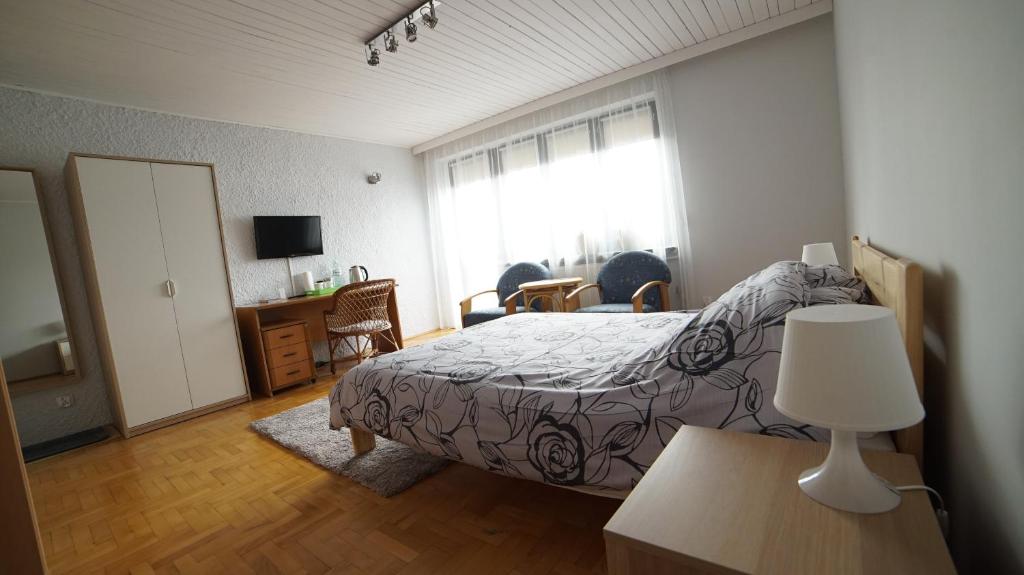 ナウェンチュフにあるŚwierkowy Nałęczówのベッドルーム1室(ベッド1台、デスク、窓付)