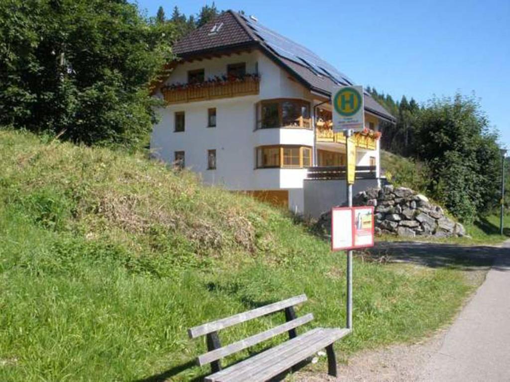 un edificio su una collina con una panchina davanti di Ferienwohnungen DaHeim Titisee a Titisee-Neustadt