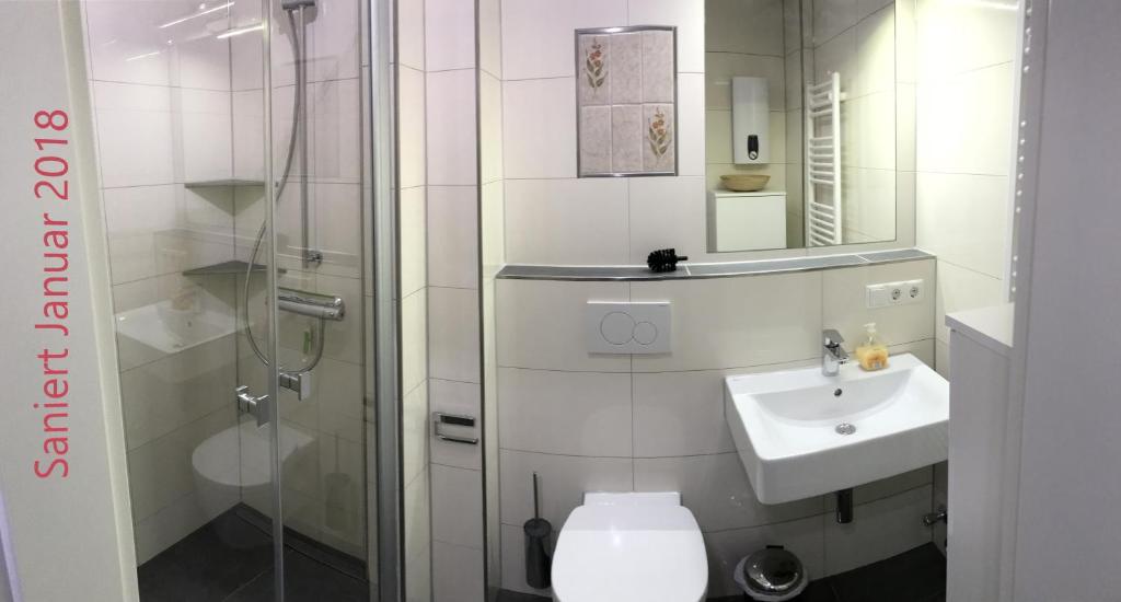 ein Bad mit einem WC, einem Waschbecken und einer Dusche in der Unterkunft Feriendomizil Mien Droom in Timmendorfer Strand