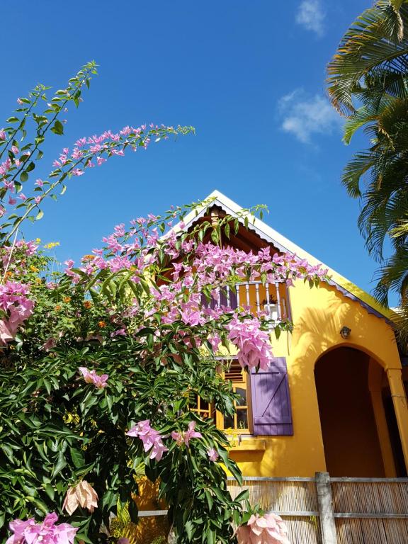 una casa con flores rosas delante de ella en Mayol' Villa, en Capesterre-Belle-Eau