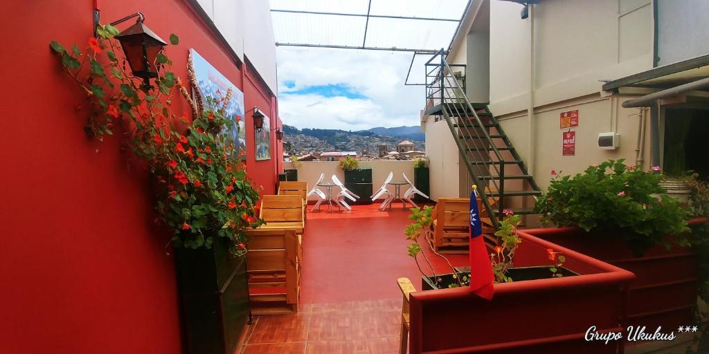 un pasillo con plantas y escaleras en un edificio en Ukukus Hostel, en Cusco