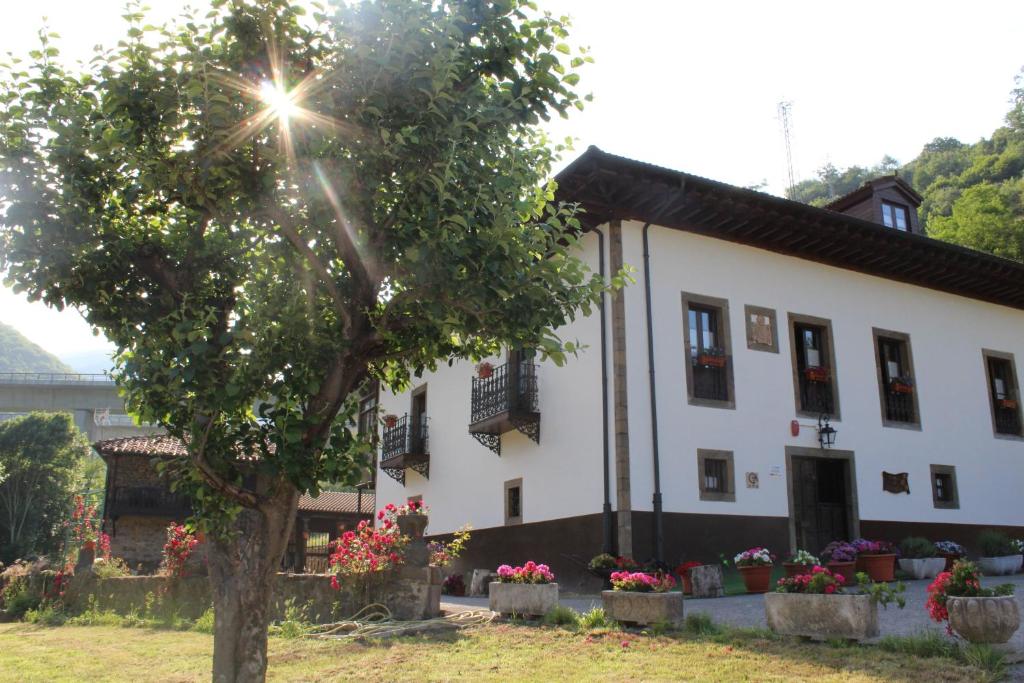 um edifício branco com uma árvore em frente em Hotel Rural Palacio de Galceran em Sotiello