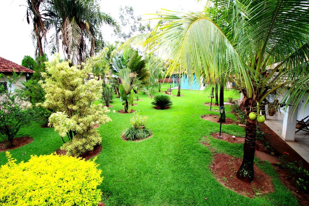 un cortile verde con palme e piante di Pousada Akonxego a Olímpia