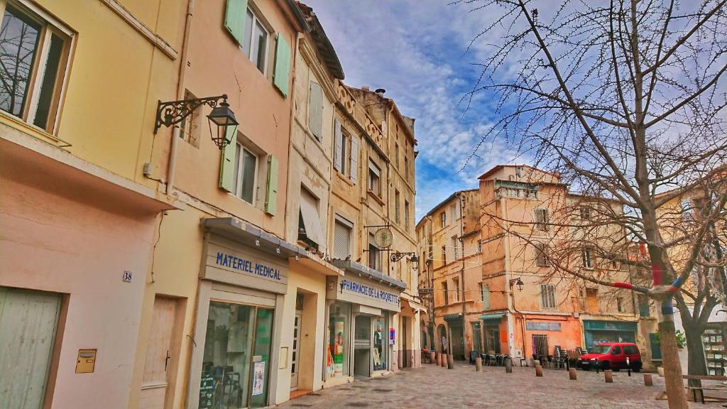 アルルにあるPlace de la Roquette, centre historiqueの建物のある街の石畳