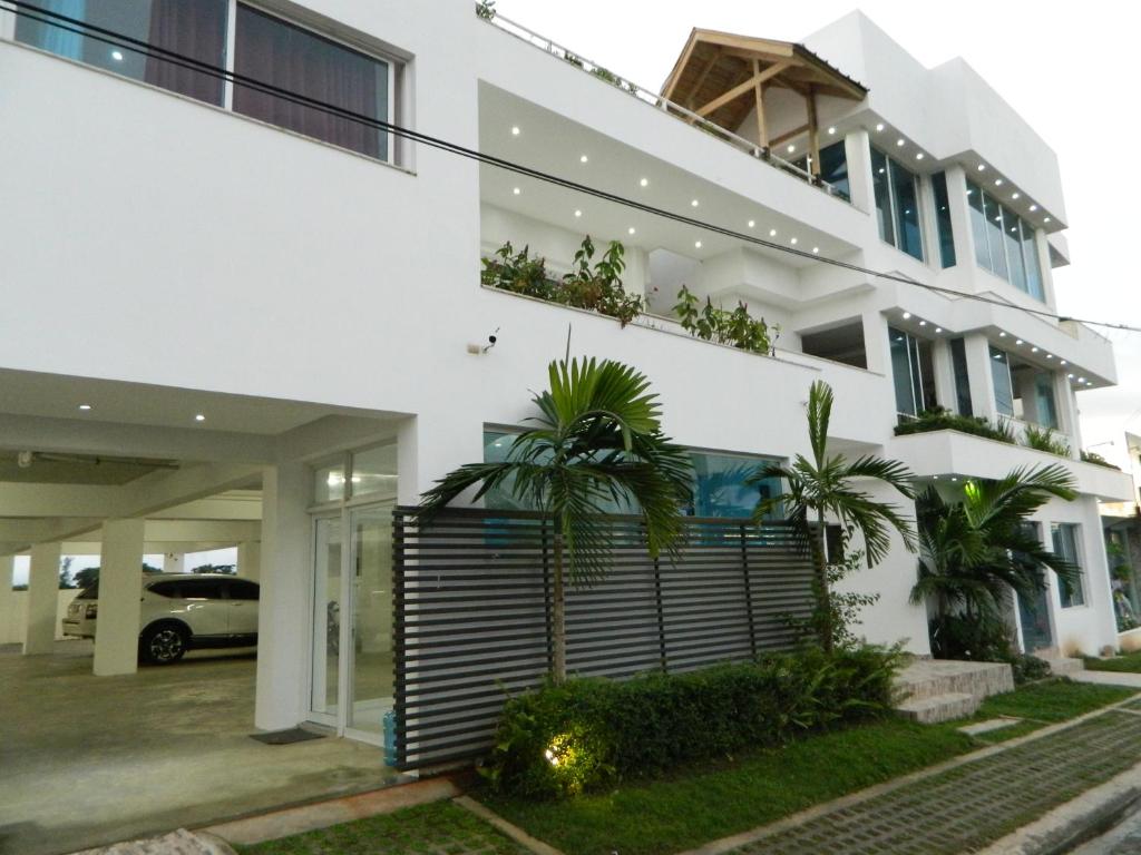 una casa bianca con palme di fronte di Figaro Hotel Samana a Santa Bárbara de Samaná