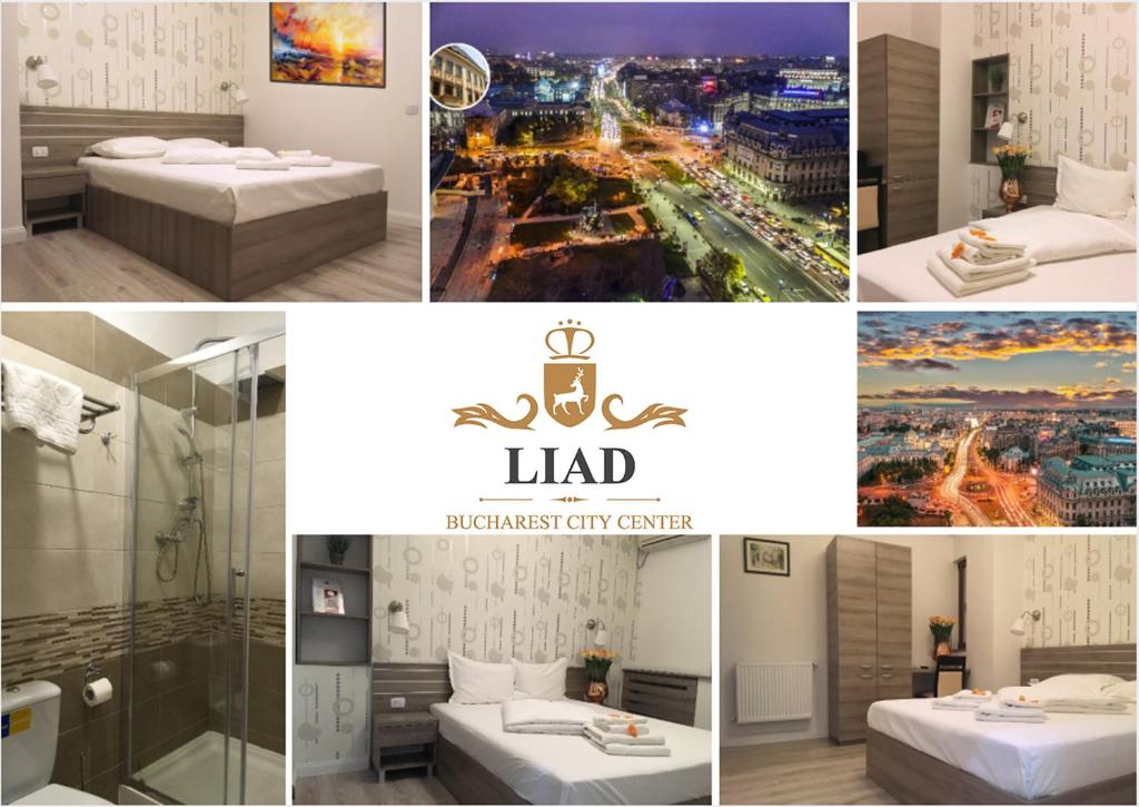 un collage di foto di una camera d'albergo con vista sullo skyline della città di Hotel Liad City Center a Bucarest