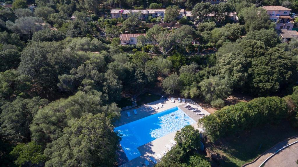 an aerial view of a swimming pool in a forest at Thalassa in Sainte-Lucie de Porto-Vecchio