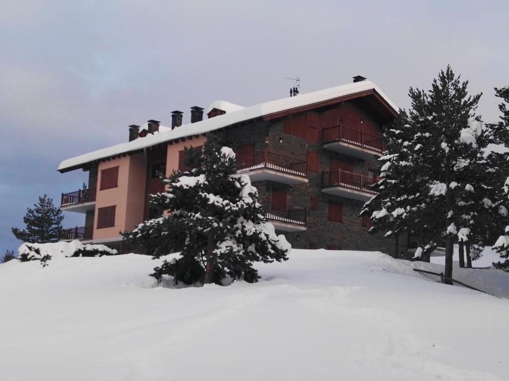 a building in the snow with trees in front of it at Lujoso duplex en Port del Comte in La Coma i la Pedra