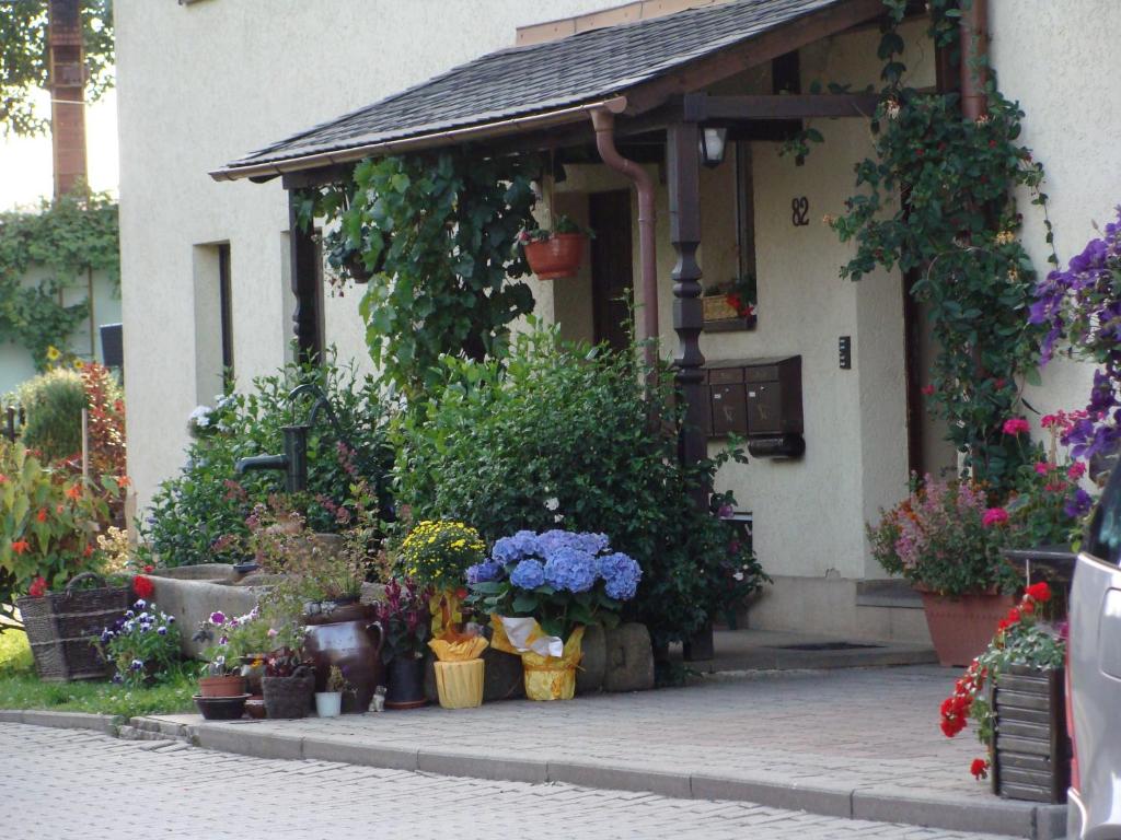 Ein Gebäude mit Blumen und Pflanzen. in der Unterkunft Sommerfrische in Hinterhermsdorf