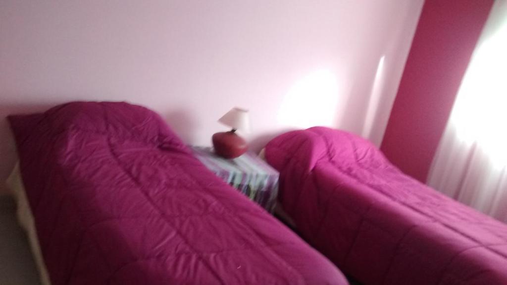 1 cama con sábanas rosas en una habitación en Departamentos R y R Azcuénaga en Tandil