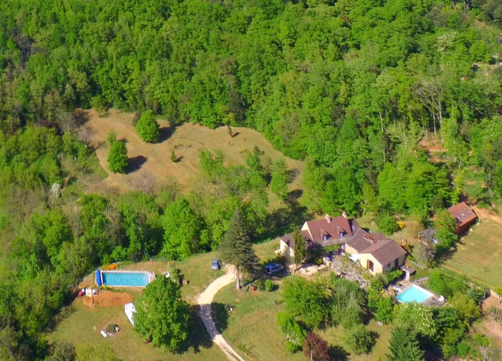 an aerial view of a house in the woods at Domaine de la Queyrie in Sarlat-la-Canéda