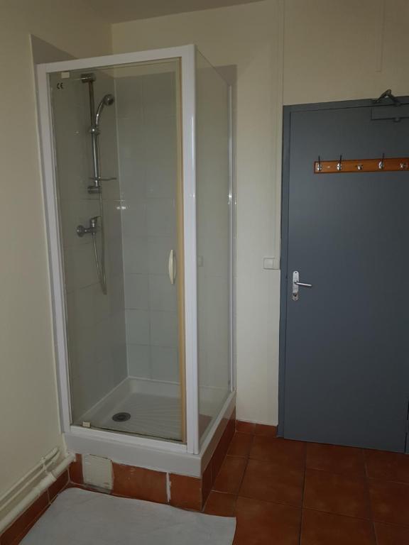 a shower stall with a glass door in a bathroom at Au Royal Mad in Paris
