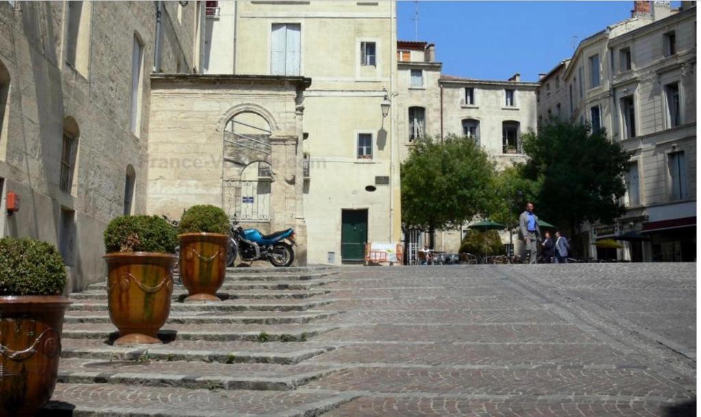 a cobblestone street in an old building with potted plants at Studio Saint Anne in Montpellier