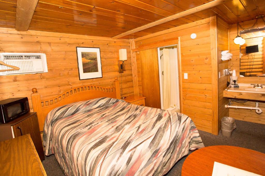 1 dormitorio con 1 cama y lavamanos en una cabaña en Z Bar Motel, en Buffalo