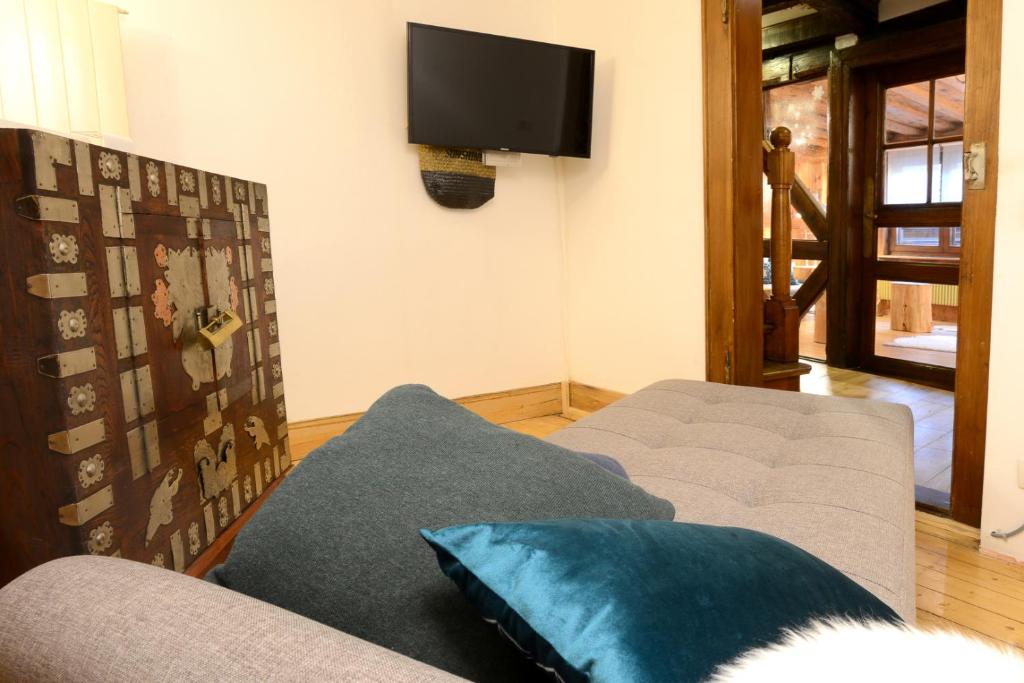 a living room with a couch and a tv at KAYSERSBERG city center - House &quot;AUX 7 FORGERONS&quot; - in Kaysersberg