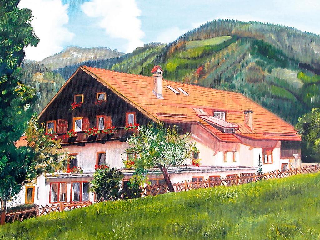 a painting of a house on a hill at Gasthof Schützenwirt in Steinach am Brenner