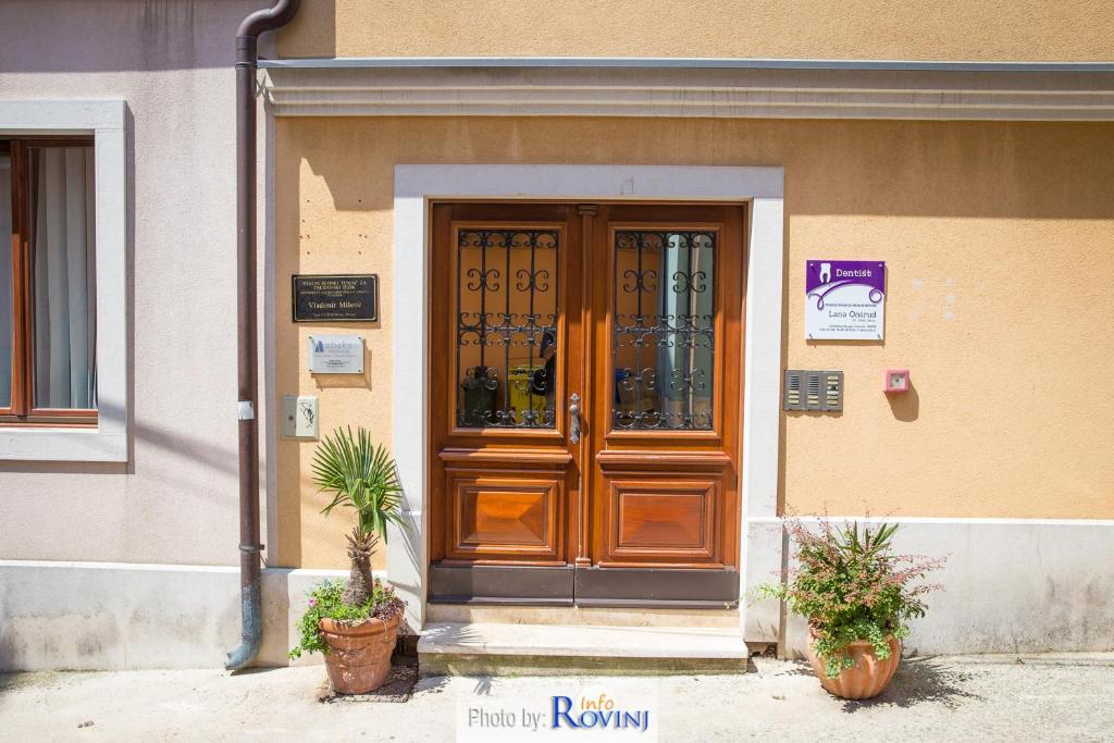 una porta per un edificio con piante in vaso di fronte di Zora City a Rovigno (Rovinj)