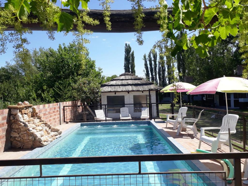 una piscina con sillas y un cenador en Cabañas Rio Diamante en San Rafael
