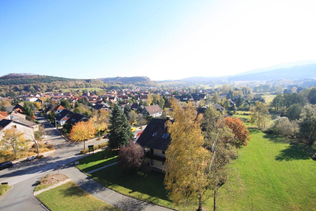 una vista aérea de una pequeña ciudad con árboles y casas en Der Wolfshof - Dein Zuhause im Harz en Langelsheim