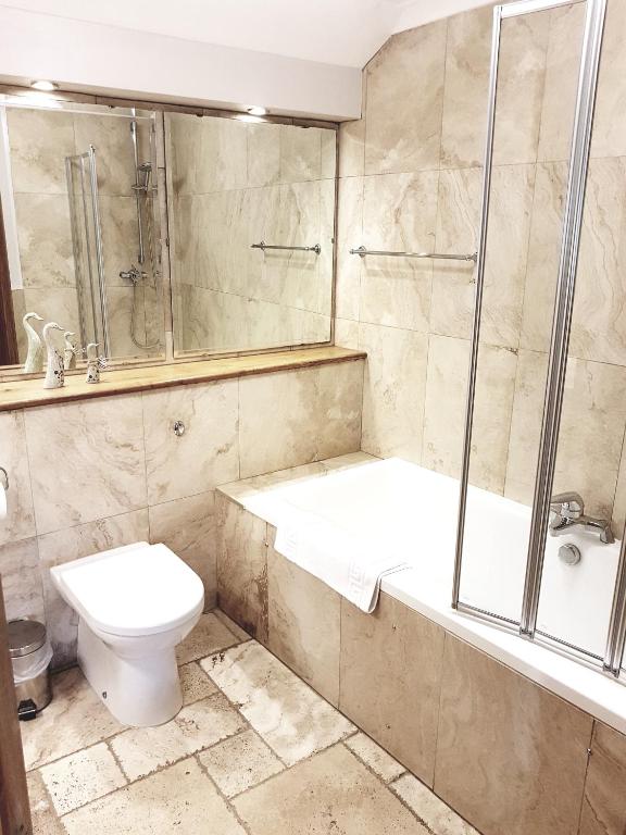 a bathroom with a tub and a toilet and a shower at King's Head Inn in Llangennith