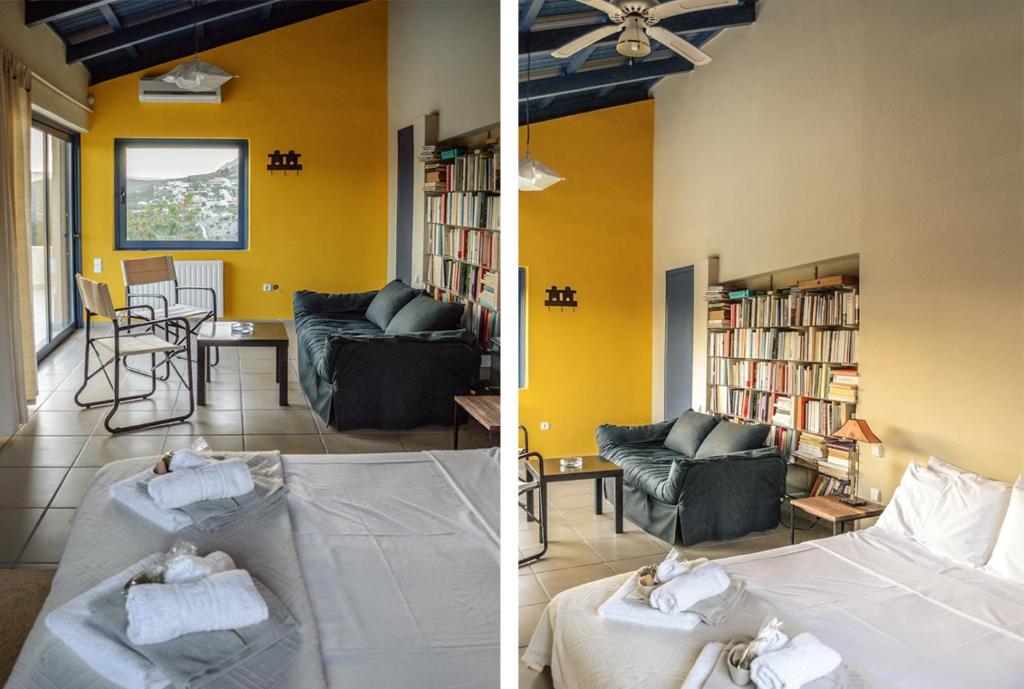 Zimmer mit einem Bett und einem Wohnzimmer mit Bücherregalen in der Unterkunft Villa Coin de Paradis in Syvota
