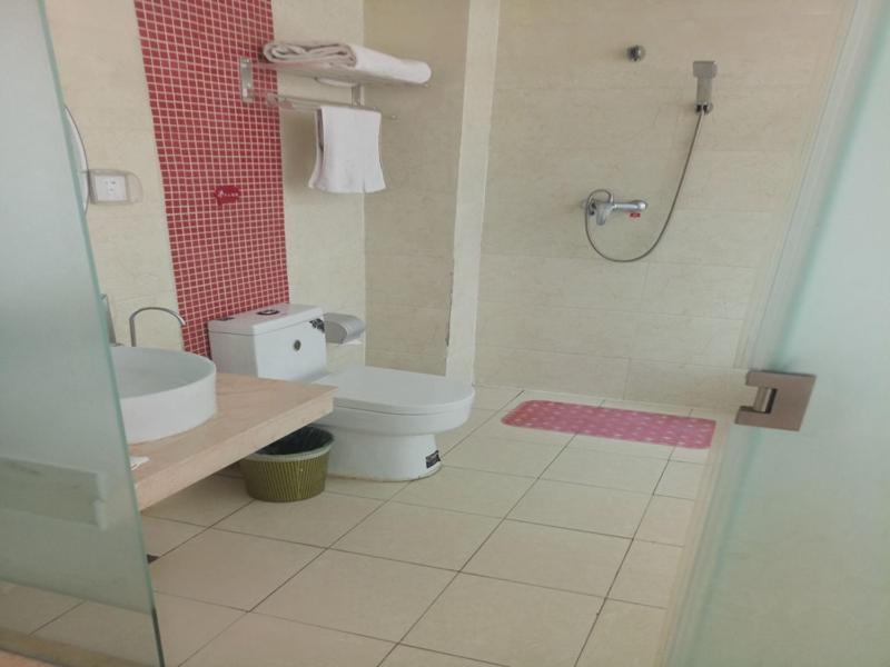 a bathroom with a toilet and a sink and a shower at Thank Inn Chain Hotel Shandong Zichuan Songlin West Road in Zibo