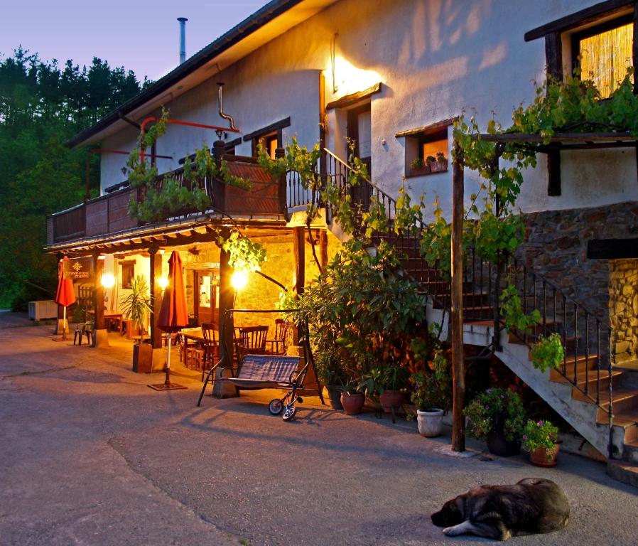 ein Hund, der vor einem Haus auf dem Boden liegt in der Unterkunft Agroturismo Sidreria Txindurri Iturri in Deba