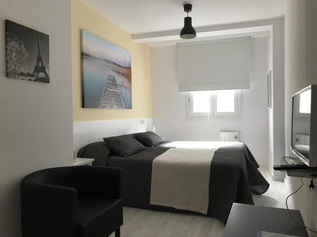 聖地亞哥－德孔波斯特拉的住宿－SCQ家園公寓，一间卧室配有一张床、一把椅子和电视