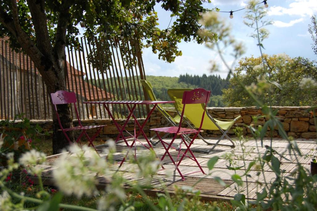 圣锡尔克－拉波皮Chambre d'hôte et gîte de Cantagrel的花园里的一组桌椅