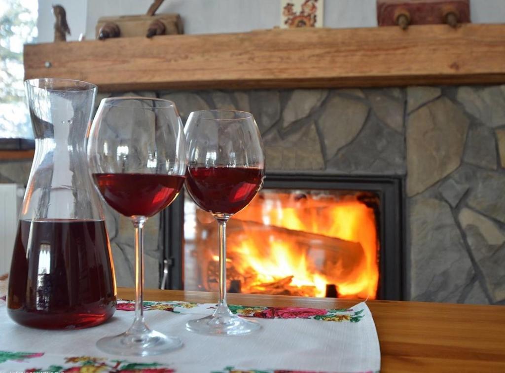 two glasses of wine sitting on a table in front of a fireplace at Winnica Spisz in Łapsze Niżne