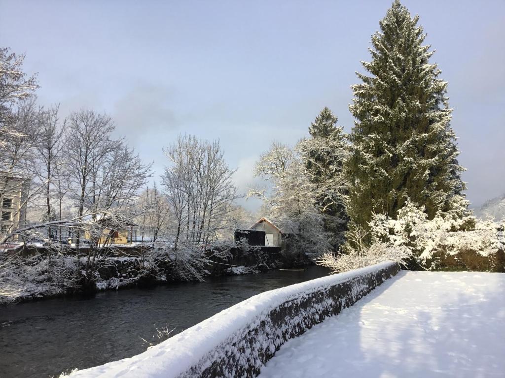 un pont enneigé avec une rivière et des arbres dans l'établissement Monts et Rêves, à Ramonchamp