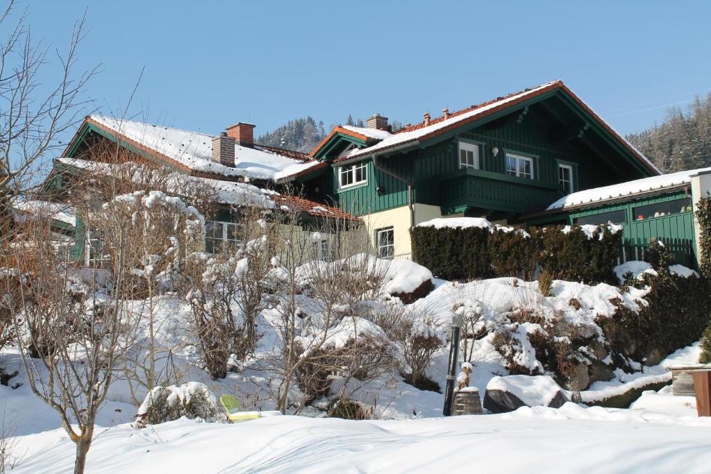 シュラートミンクにあるFerienwohnung Margit Baierの雪に覆われた木々と茂みに覆われた家