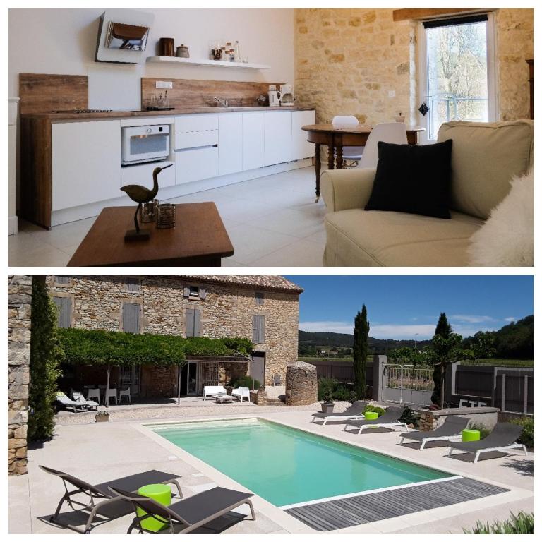 Il comprend un salon et une cuisine avec une piscine. dans l'établissement le gîte de Montagnac, à La Roque-sur-Cèze