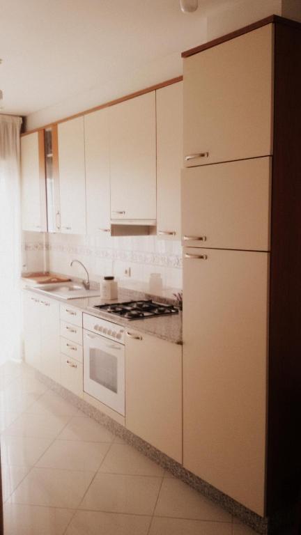 a kitchen with white cabinets and a white refrigerator at Apartamentos O Grove in O Grove