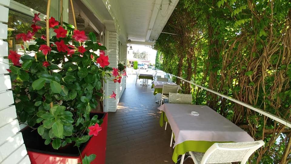 a porch with tables and flowers and plants at Hotel Ristorante Fortuna in Cavallino-Treporti